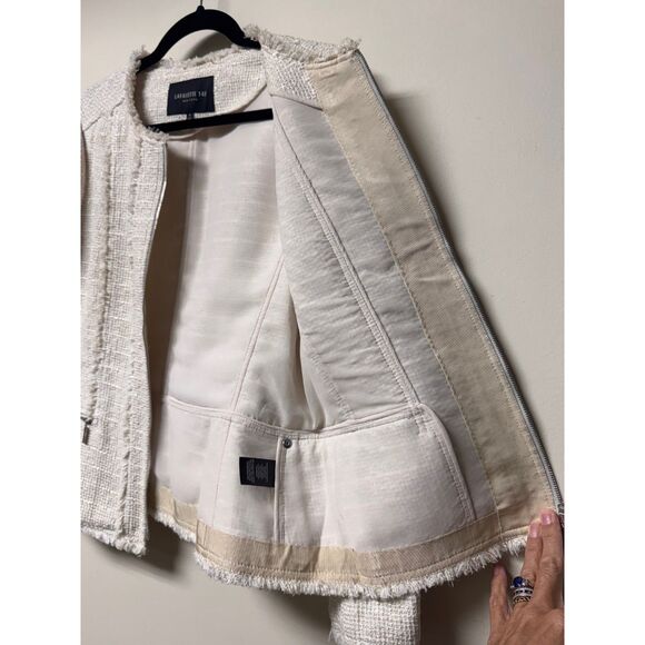 LAFAYETTE 148 Tweed Fringe Zip Front Blazer, Ivory, Pockets, Sz 8 - Picture 6 of 13